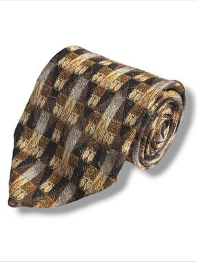 ERMENEGILDO ZENGA Gold & Brown Silk Geometric Mosaic Pattern Tie VINTAGE